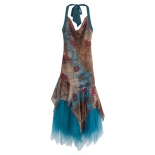 AZure温柔风复古印花吊带连衣裙法式气质显瘦16米网纱挂脖长裙夏