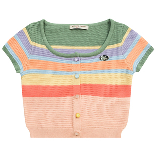 ziziFei夏季上衣美式大圆领多巴胺穿搭彩色条纹针织短袖开衫T恤女