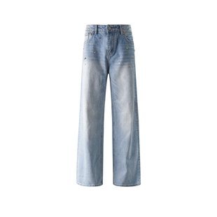 ourhour 满天星亮闪 浅蓝水洗手缝宝石钻宽松牛仔裤 女冬设计感裤