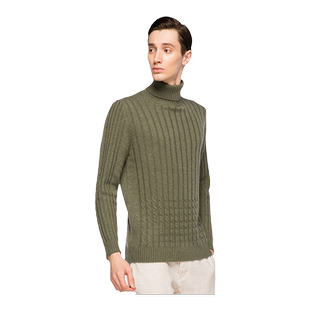 圣雪绒秋冬新款纯羊绒衫男高领复古绞花加厚针织套衫