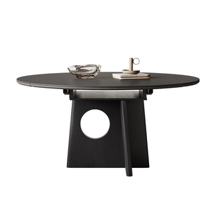 奥古斯特瑜瑕黑色伸缩岩板餐桌方圆两用意式进口白蜡木实木圆餐桌