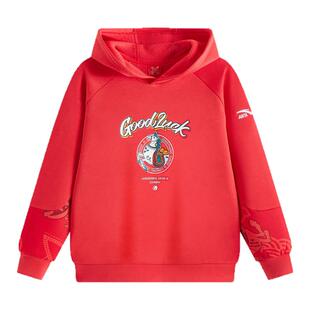 安踏儿童加绒卫衣男女大童2026新年红色连帽套头衫本命年男童衣服