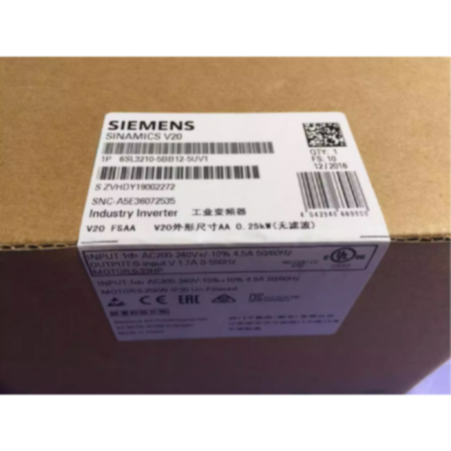 议价6SL3210-5BB12-5UV1 西门子V20变频器 0.25kW 6SL32105BB125U