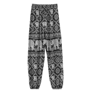 夏季女防蚊裤薄款人造棉绸冰丝束脚长花裤子棉绸沙滩裤大人灯笼裤