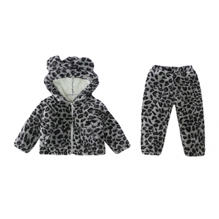 三层~女童豹纹加棉套装可外穿儿童家居服加厚女宝宝睡衣棉衣冬款
