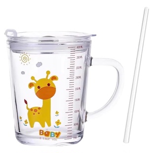 刻度杯吸管玻璃杯大人奶茶儿童牛奶果汁水杯可爱卡通玻璃杯子