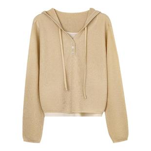 粉色连帽针织衫女2025新款春秋亚麻打底衫假两件薄款chic韩系上衣