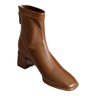 粗跟方头小短靴子女脚踝及裸靴法式棕咖啡卡其色中高跟显瘦瘦单靴