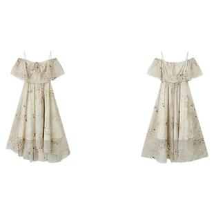 PIT一字领露肩收腰A字碎花短袖连衣裙女2025夏荷叶边吊带中长裙