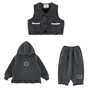 幼悠女童2025冬季新款加绒连帽卫衣加厚保暖卫裤无袖碎花马甲套装