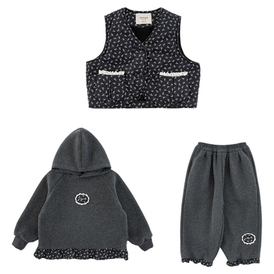 幼悠女童2025冬季新款加绒连帽卫衣加厚保暖卫裤无袖碎花马甲套装