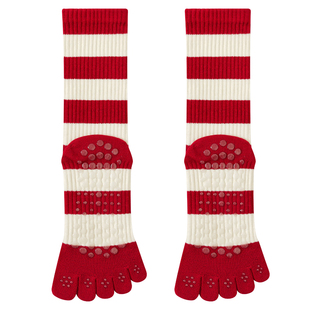 五指瑜伽袜子防滑专业女普拉提训练室内运动专用红色条纹长筒分趾