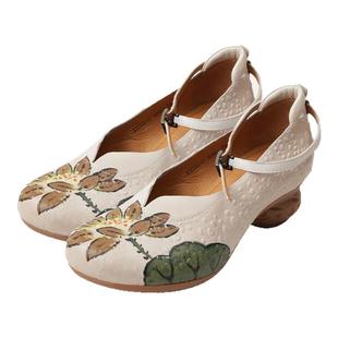 相伴真皮旗袍单鞋女2025新复古鞋子新款软底中式民族风中老年女鞋