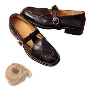 natursunT字扣乐福鞋女春季厚底法式玛丽珍复古英伦风镂空豆豆鞋