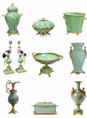 高端档欧式黄铜绿瓷摆件美式奢华法式复古典新中式花瓶果盘装饰罐