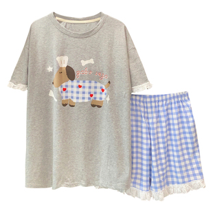 小狗短袖短裤睡衣女夏季纯棉薄款宽松休闲格子裤甜美可爱家居服