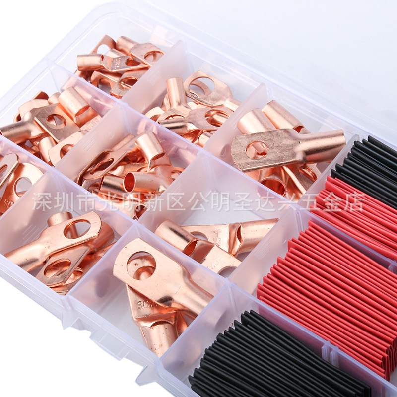 140pcs窥口端子铜鼻子盒装 接线端子铜鼻子裸端子+红黑热缩管
