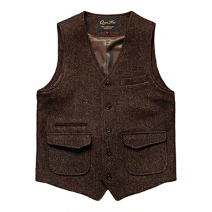 美式复古彩点重磅粗花呢猎装马甲羊毛呢V领工装背心男RRL咔叽大码
