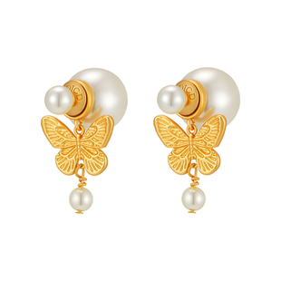 D家金色蝴蝶双面珍珠耳环女2026新款轻奢高级感耳钉耳饰秋冬耳坠