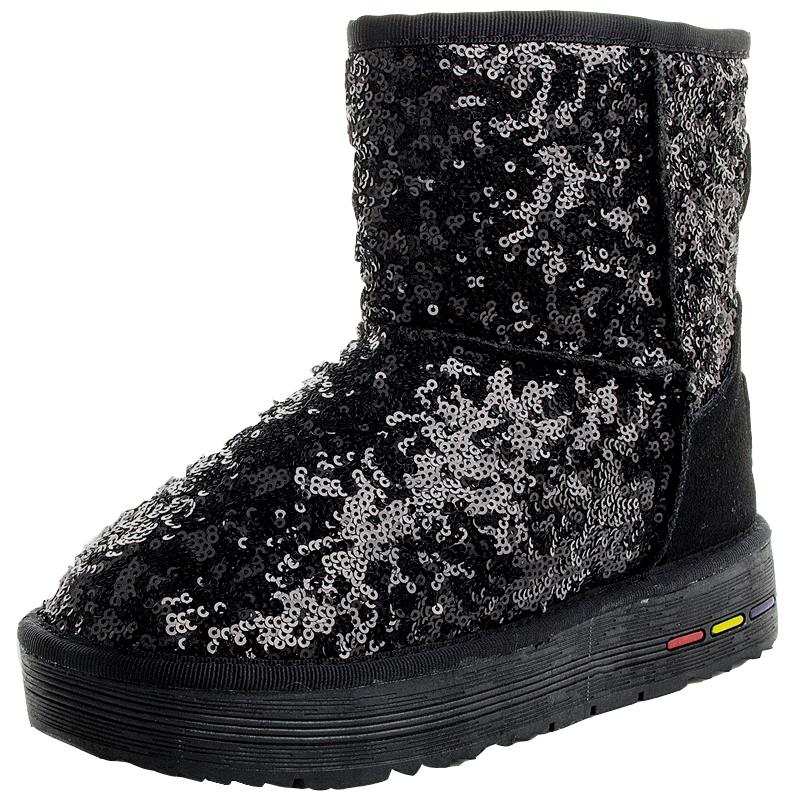 真皮亮片雪地靴女内增高中筒厚底防滑短靴加厚加绒短筒保暖棉鞋冬