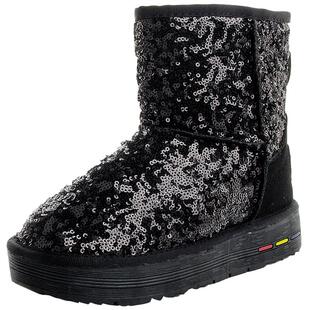 真皮亮片雪地靴女内增高中筒厚底防滑短靴加厚加绒短筒保暖棉鞋冬