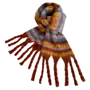 日系温柔彩虹毛球马海毛围巾女冬季加厚保暖百搭学生格子披肩围脖