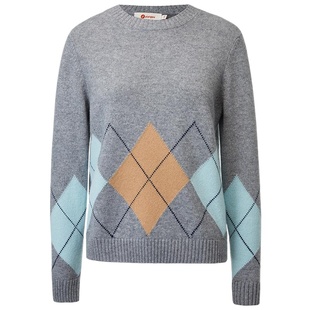 皮皮狗冬新款圆领撞色格纹菱形嵌花羊绒套衫