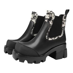 MIO米奥国风女靴冬季方头厚底高跟拼色弹力马丁靴时髦切尔西靴子