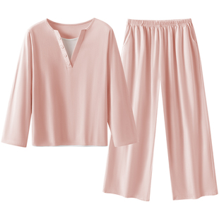 菇娘家大码假两件小V领套头长袖长裤家居服睡衣套装睡衣女新款