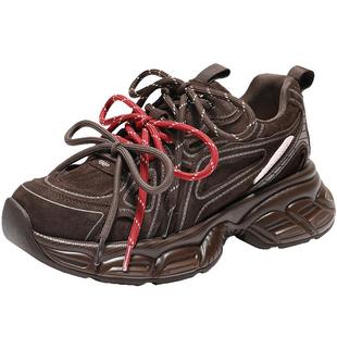 百丽女鞋子厚底增高老爹鞋棕色新款美拉德运动休闲鞋B2945AM6