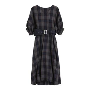 蒲PUKKA 女装棉质连衣裙春夏装设计感格纹V领裙商场同款