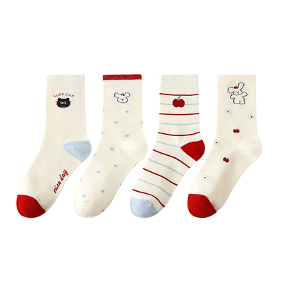 芬腾可安云感精梳棉4双装时尚卡通女士袜子透气棉袜少女袜中筒袜