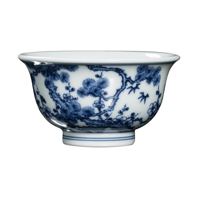 钟家窑陶瓷小主人杯 景德镇柴窑青花手绘松竹梅小压手杯小直口杯