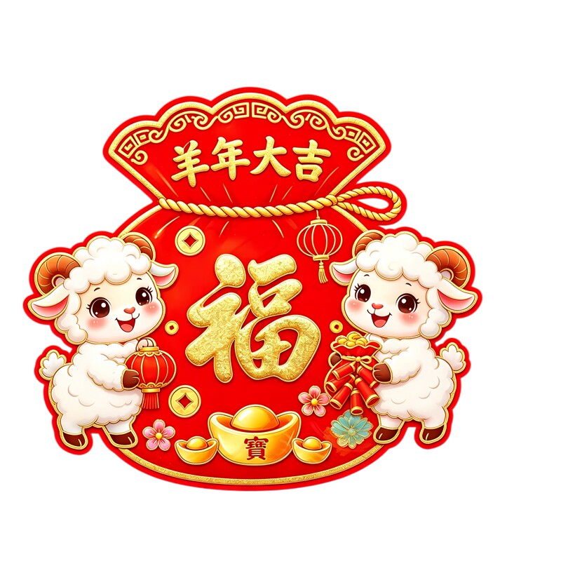 福袋造型羊年墙贴福字元宝灯笼图案羊年大吉居家新春墙壁装饰贴纸