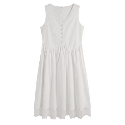 弥古白色v领连衣裙女高级感法式蕾丝无袖背心裙2025新款夏季裙子