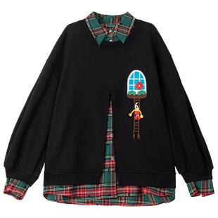 KEIKO 学院风假两件拼接黑色加绒卫衣26春季错序感宽松polo领外套