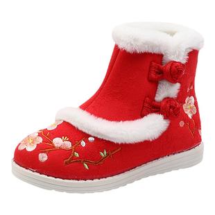汉服鞋女童冬季加绒红色过年古风靴子小孩搭配新年儿童绣花鞋冬款