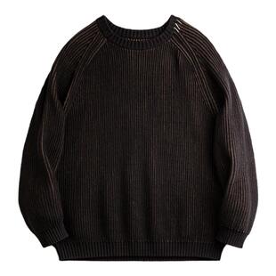 马登工装美式复古竖条纹编织毛衣插肩袖圆领加厚打底针织衫男春