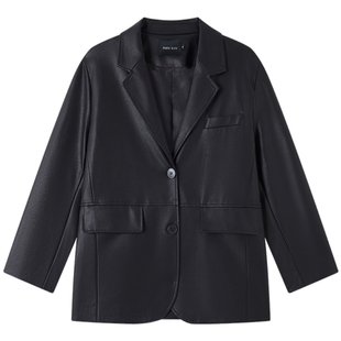 Halo Luu复古黑色皮衣外套女西装秋冬加绒加厚韩版休闲宽松高级感