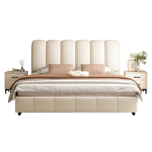 奶油风床1米8双人床实木床1米5单人床卧室主卧软包真皮床大床婚床