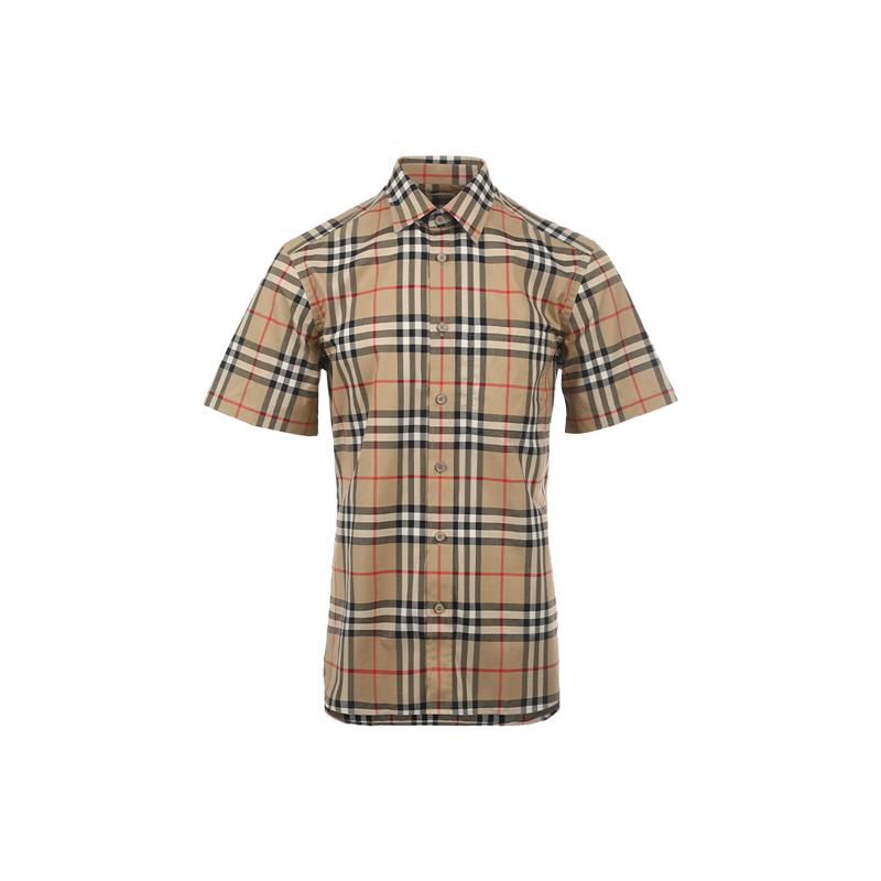 【自营】BURBERRY/博柏利男士经典格纹宽松休闲尖领纯棉短袖衬衫
