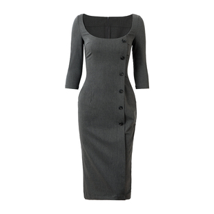PynkiSwear 深灰色瑞秋裙 大圆领修身连衣裙女单排扣高智西装长裙
