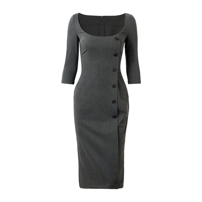 PynkiSwear 深灰色瑞秋裙 大圆领修身连衣裙女单排扣高智西装长裙