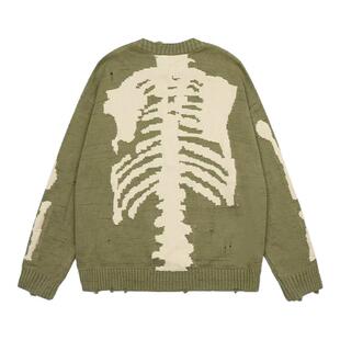 平田和宏美式秋冬潮牌骨头骨架破洞男女款宽松圆领情侣毛衣针织衫