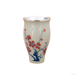 纯银时代 寒梅美人瓷包银杯纯银999中式手绘茶杯精美女士主人杯