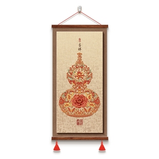 柿柿如意玄关装饰画免打孔新中式客厅走廊过道挂画葫芦挂毯卷轴画