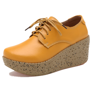 真皮女单鞋高跟厚底松糕鞋小皮鞋摇摇坡跟轻便休闲增高女鞋春秋款