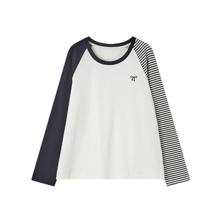 时然大码女装撞色条纹t恤秋冬新款微胖mm宽松拼接长袖上衣打底衫