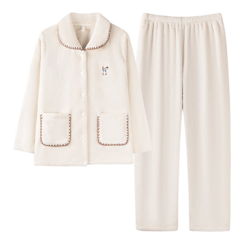 睡衣女款秋冬季珊瑚绒加厚加绒保暖开衫可爱兔子法兰绒家居服套装