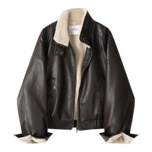 XinmonLee皮毛一体机车服短款皮衣外套冬季加绒加厚女士夹克上衣